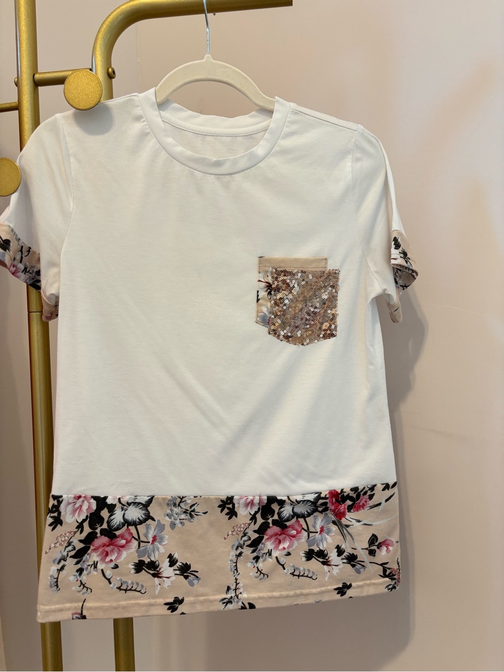 Women's White Tee with Blush Floral Hem & Sequin Pocket